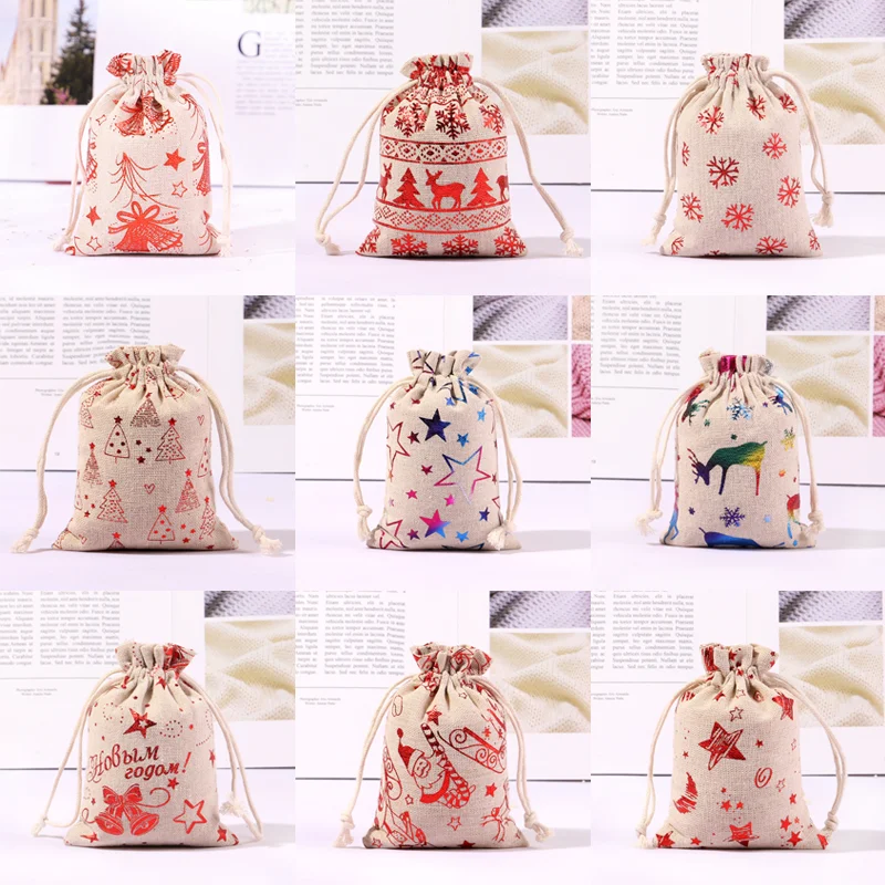 

10cm×14cm 10pcs Hot Stamping Process Christmas Element Cotton and Linen Gift Bag Apple Bag Candy Packaging Bag