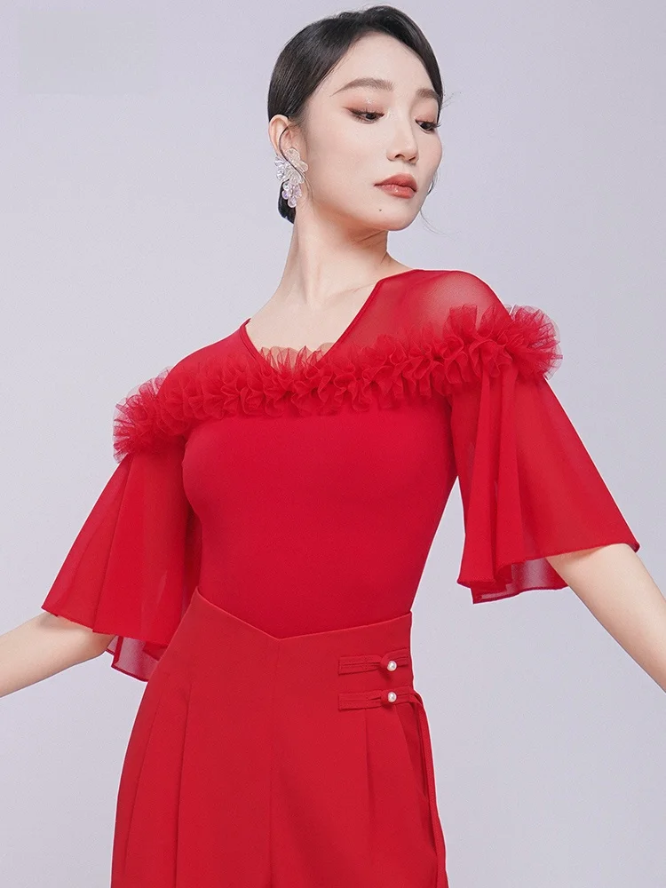 

Костюм для современного танца, женский летний новый красный костюм для социальных тренировок ort Sve с v-образным вырезом F266, спортивная одежда для йоги Fitn