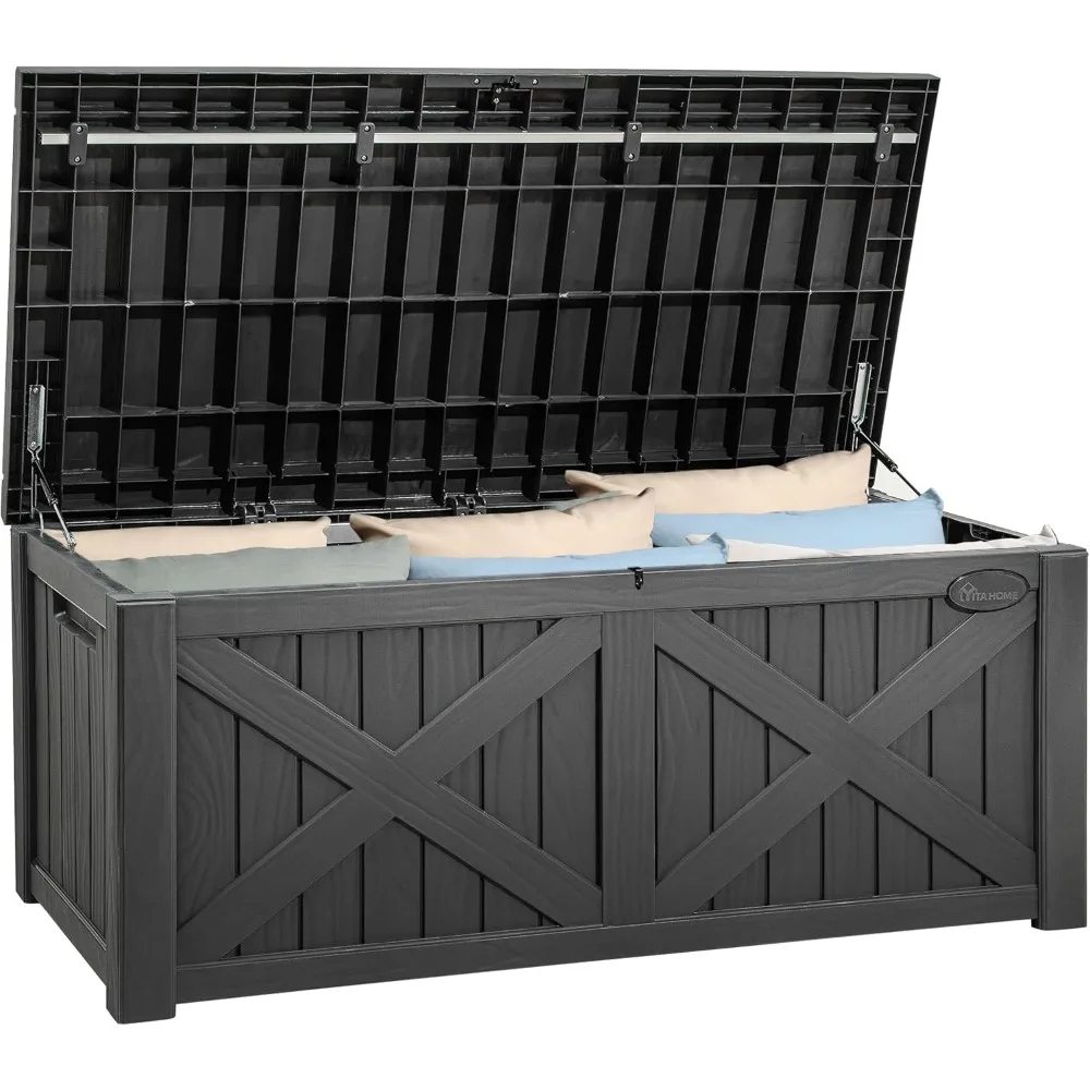 

120 gallon large deck box with x-shaped front, resin outdoor storage boxes, waterproof cushion storage bench for patio, pool su