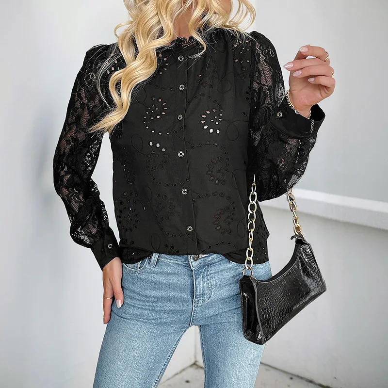 

Chic Autumn Shirt Tops Female Sexy Elegant Wind Jacket Middle Neck Solid Color Lace Splicing Shirt Women Y2K