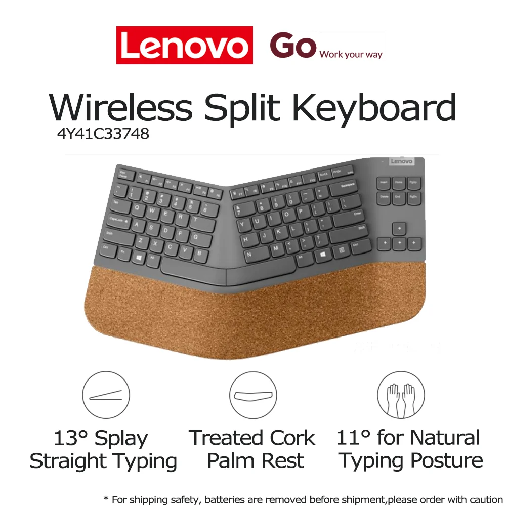 

Lenovo Go Wireless Split Keyboard Ergonomic Comfort Designed Cork Palm English Grey USB-A Port For PC Laptop Windows Business
