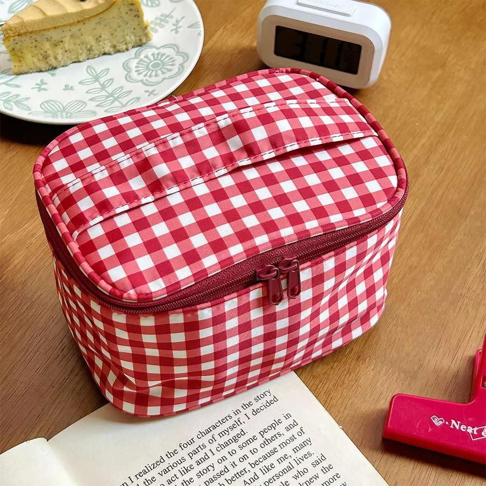 Minimalist Plaid/Polka Dot Patterns Storage Bag Portable Double Zipper Pencil Case Large Capacity Cosmetic Bag