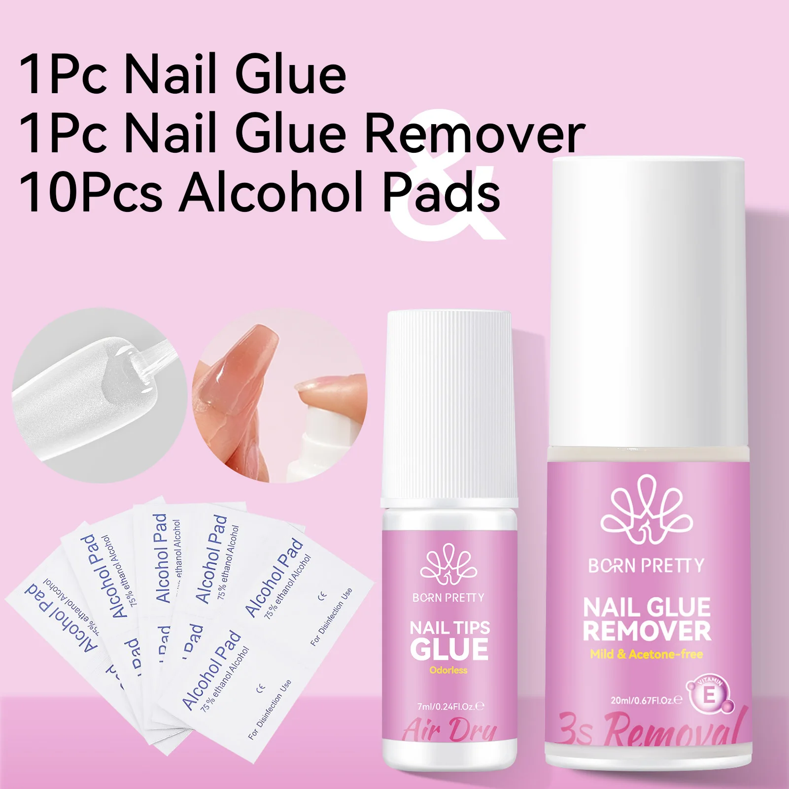 

BORN PRETTY Nail Tips Glue& Nail Glue Remover Set Gel Nail Polish Fake Nail Tips Soak Off UV Press On Nails Nail Art 7ml Varnish