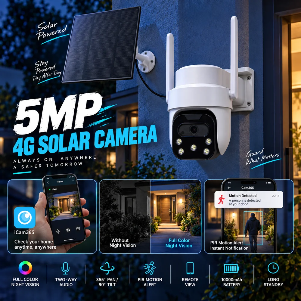 5MP 2K Outdoor 4G LTE Solar Security Camera 360° PTZ Wireless Battery PIR Motion Detection Waterproof CCTV Surveillance