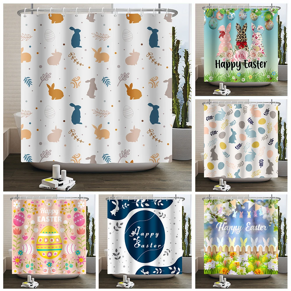 

Happy Easter Shower Curtain Funny Bunny Colorful Egg Rabbit Flower Spring Garden Easter Waterproof Bathroom Shower Curtain Decor