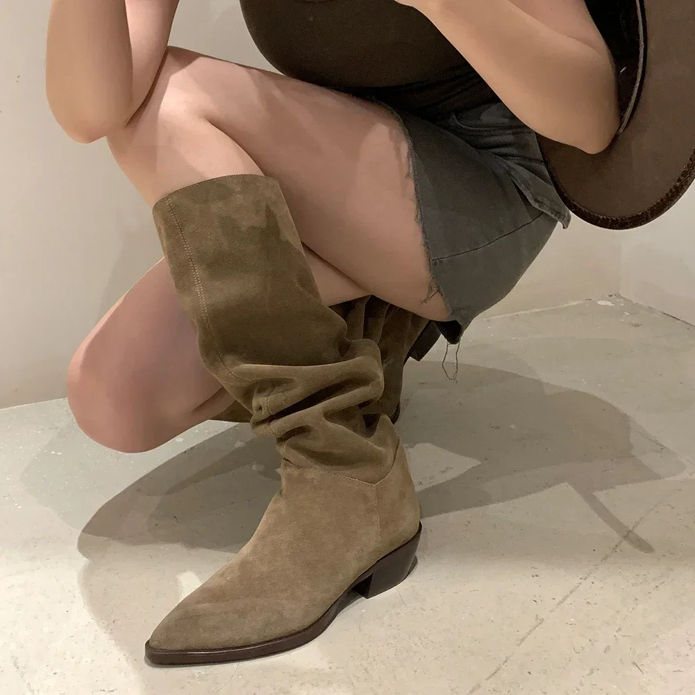 NEW Autumn Women Boots Cow Suede Leather Shoes for Women Pointed Toe Chunky Heel Shoes Slip-On Pleated Boots Knee-high Boots