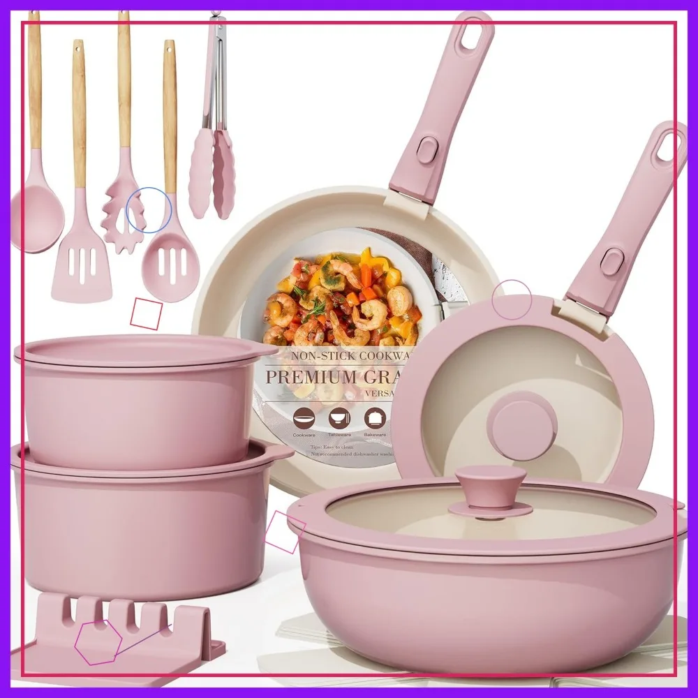 

21-Piece Non-Stick Ceramic Cookware Set with Detachable Handles, Oven & Induction Safe, Stackable Pink Kitchen Pots and Pans