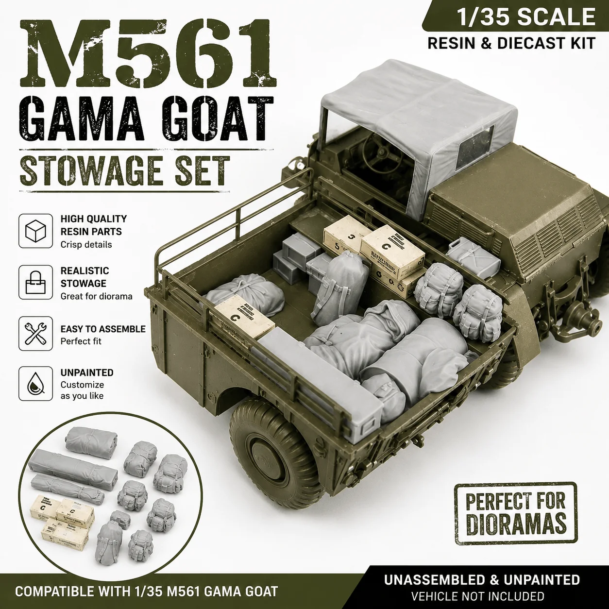

1/35 M561 Gama Goat Stowage Set Resin Model Kit Military Cargo Accessories Unassembled Unpainted DIY Diorama Parts