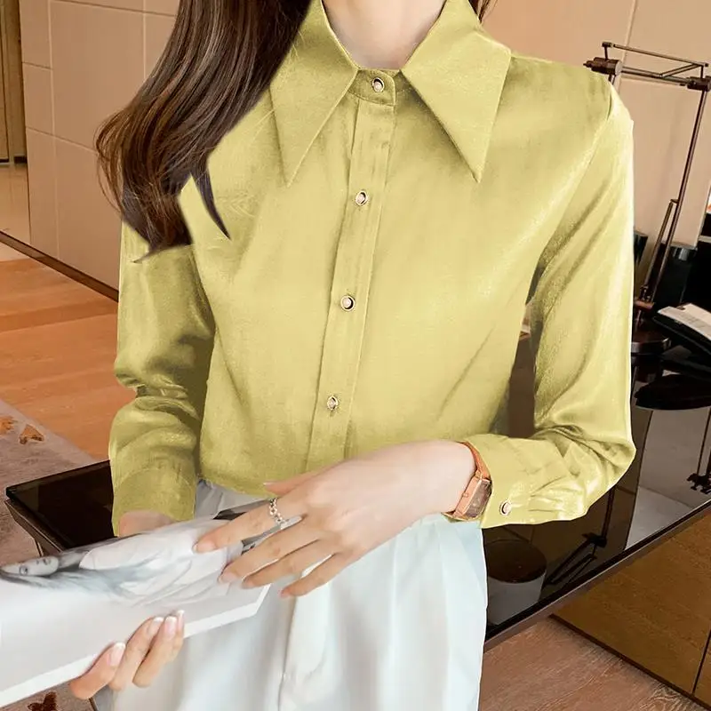 Elegant Korean Fashion Simple Office Lady All Match Button Shirt Casual Solid Loose Long Sleeve Chiffon Blouse Top Women Blusas