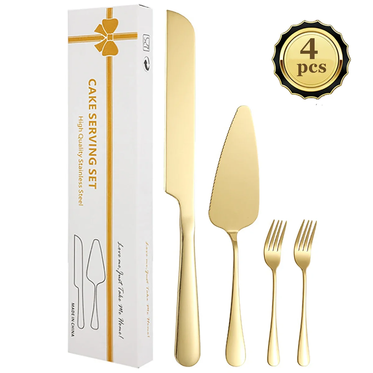 4pcs Western Cake Knife Shovel Dessert Fork Set Gold Stainless Steel Tableware Suitable for Family Gatherings Parties Weddings