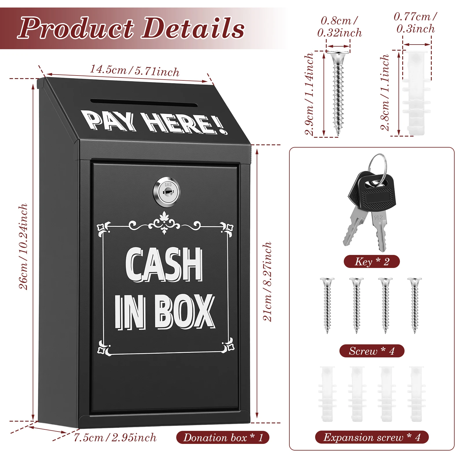 Metal Donation Box with Lock Slot 10.24 x 5.71 x 2.95'' Safe Suggestion Charity Collection Donation Money Lock Box Cash Drop