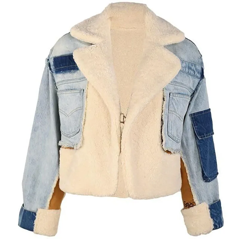 Fried Street Jeans Jacket Women\'s Overcoat Autumn Winter New Lamb Wool Thick Tops Heavy Industry Splicing Fake Two Jeans Jackets