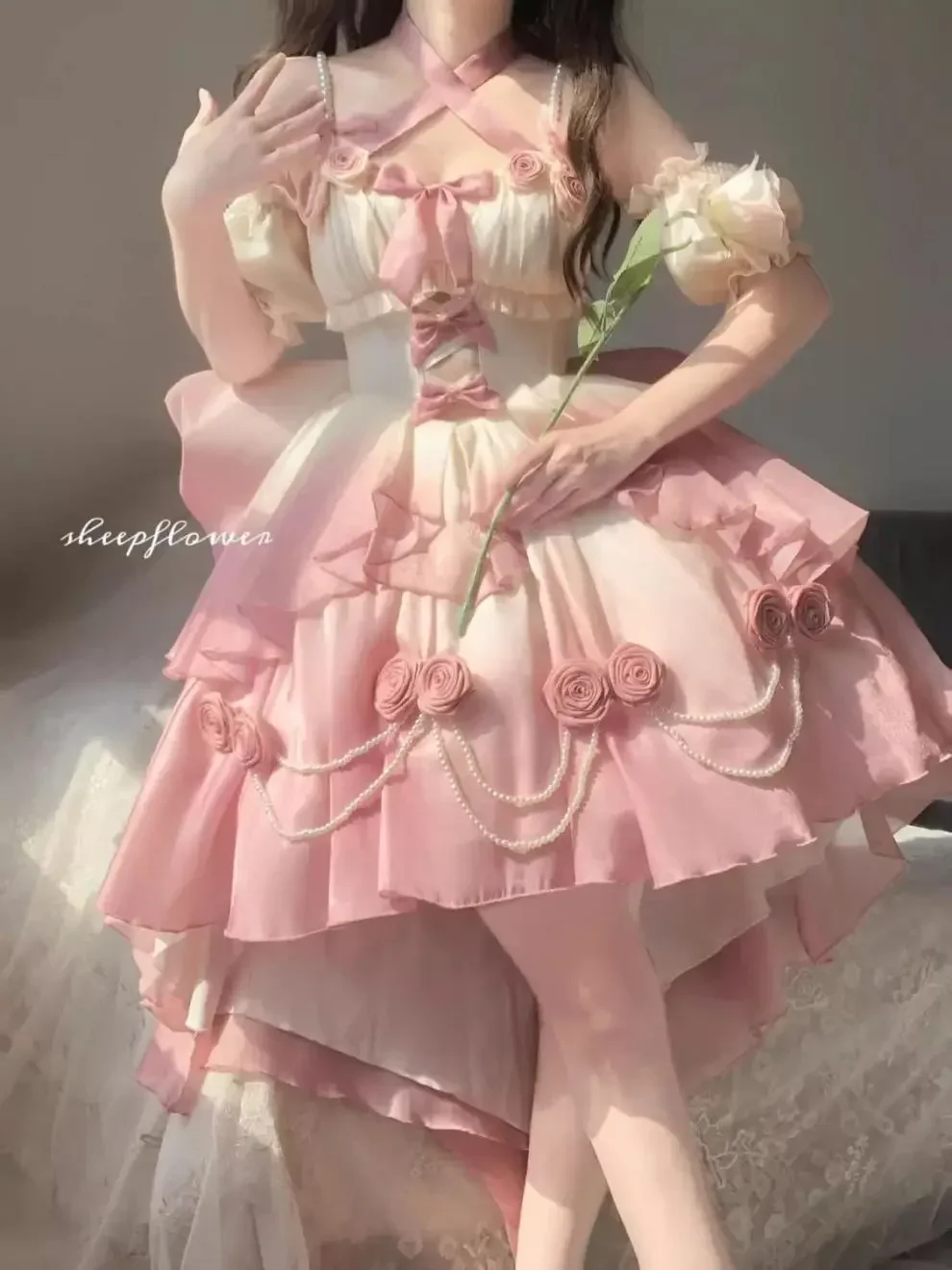 

Sweet Gradually Varied Pink Hollow Out Lolita Dress Summer New Fashion Short Sleeve High Waist Girl Puffy Princess Dress Women25