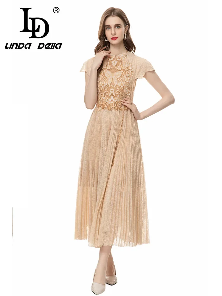 LD LINDA DELLA 2024 Summer Fashion Elegant Pretty Dress Women Embroidery Hollow Out Net Yarn Butterfly Sleeve Long Dresses