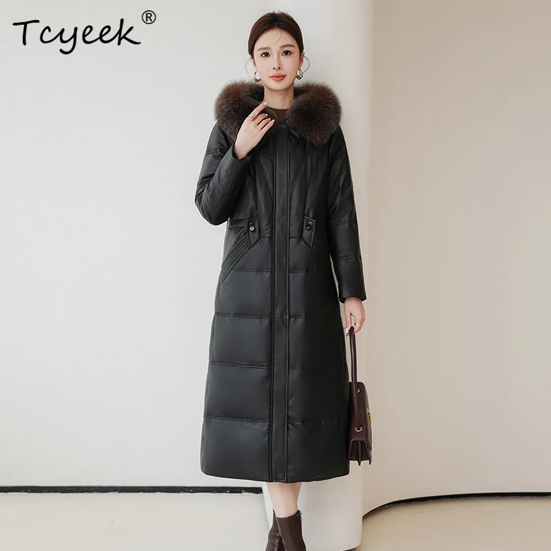 Tcyeek Genuine Sheepskin Down Jackets for Women Fox Fur Collar Hooded Long Puffer Jacket Women Winter Clothes 2026 Abrigos Mujer