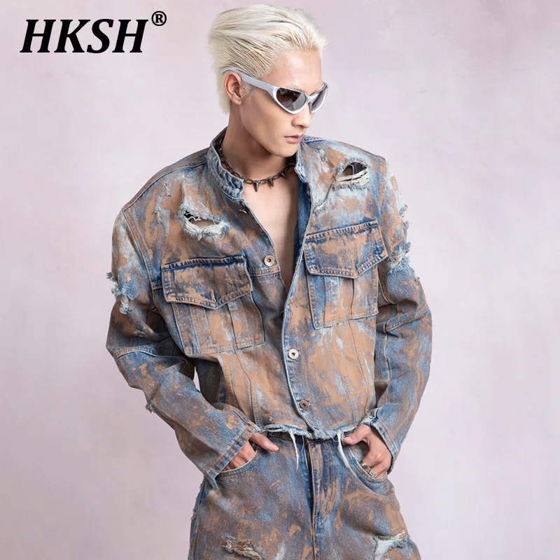 HKSH Autumn Winter New Men\'s Tide Vintage Denim Jackets Niche High Sense Waste Land Torn Washed Chic Jeans Streetwear Y2K HK2284