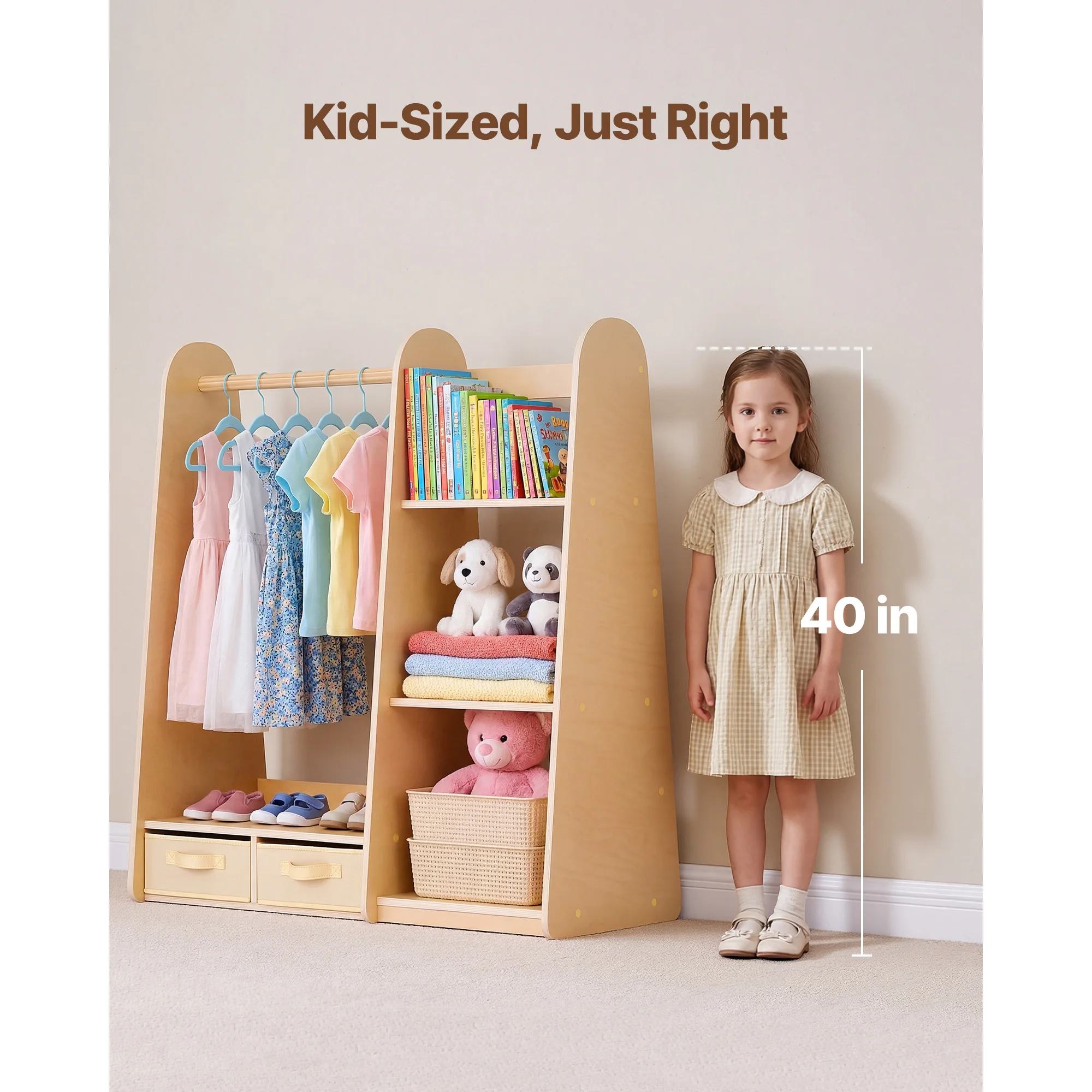 SucceBuy Kids Wooden Dress Up Storage with Mirror Children Dress Up Rack Toddler Wardrobe Closet for Girls Bedroom Home Storage image 4