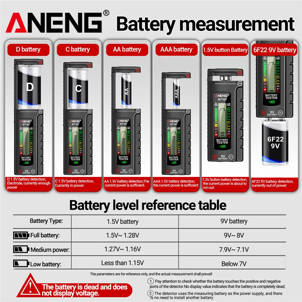 AA AAA 9V 버튼 용 조정 가능한 배터리 테스터 볼트 검사기 다중 크기 범용 배터리 테스터 전압 측정기 도구