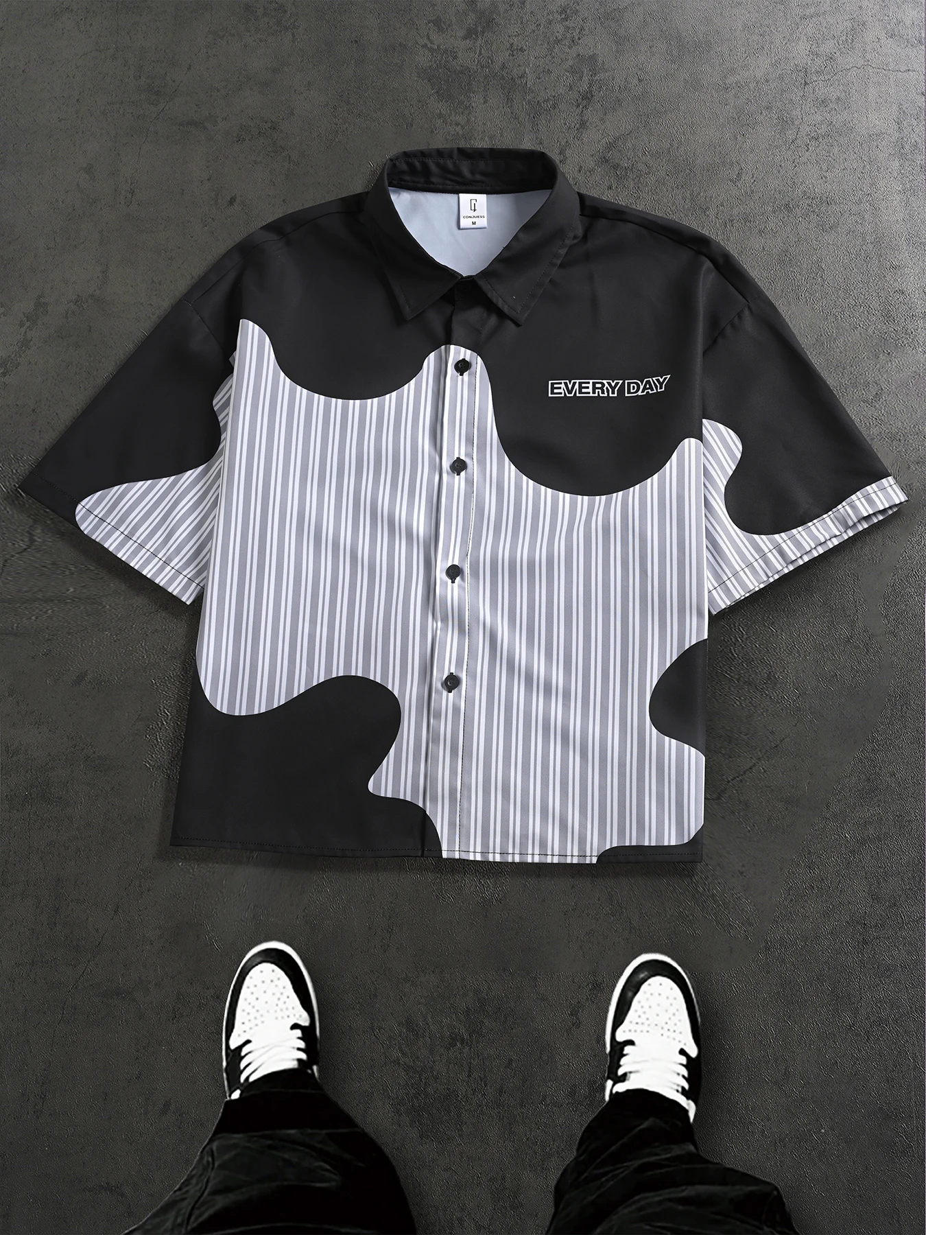 Men's Short Irregular Black and Gray Striped Short-Sleeve Polo Shirt with Letter Print, American Street Fashion Loose-Fit Open-Front Top