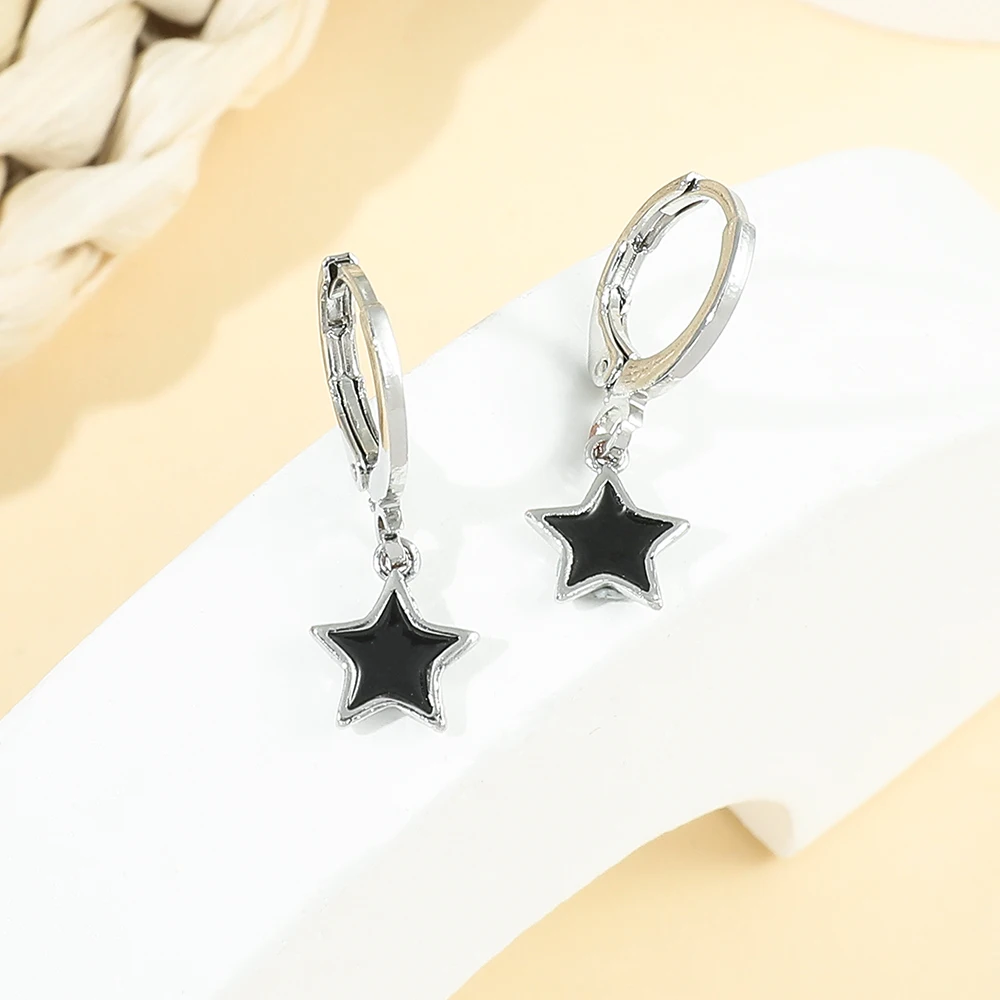 Korean style Simple Black Enamel Five-Pointed Star Pendant Earring Fashion Sweet Hoop Earring Jewelry Aretes Accessories