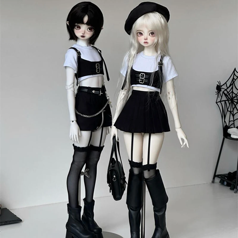 D09-P345 children handmade toy 1/4 msd bjd doll clothes black short seelve Strap Cool pants drees 4pcs/Set