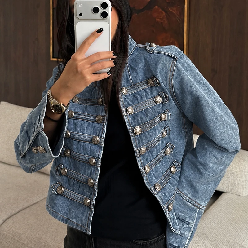 Original outdoor blue jacket outfit with a pale camisole