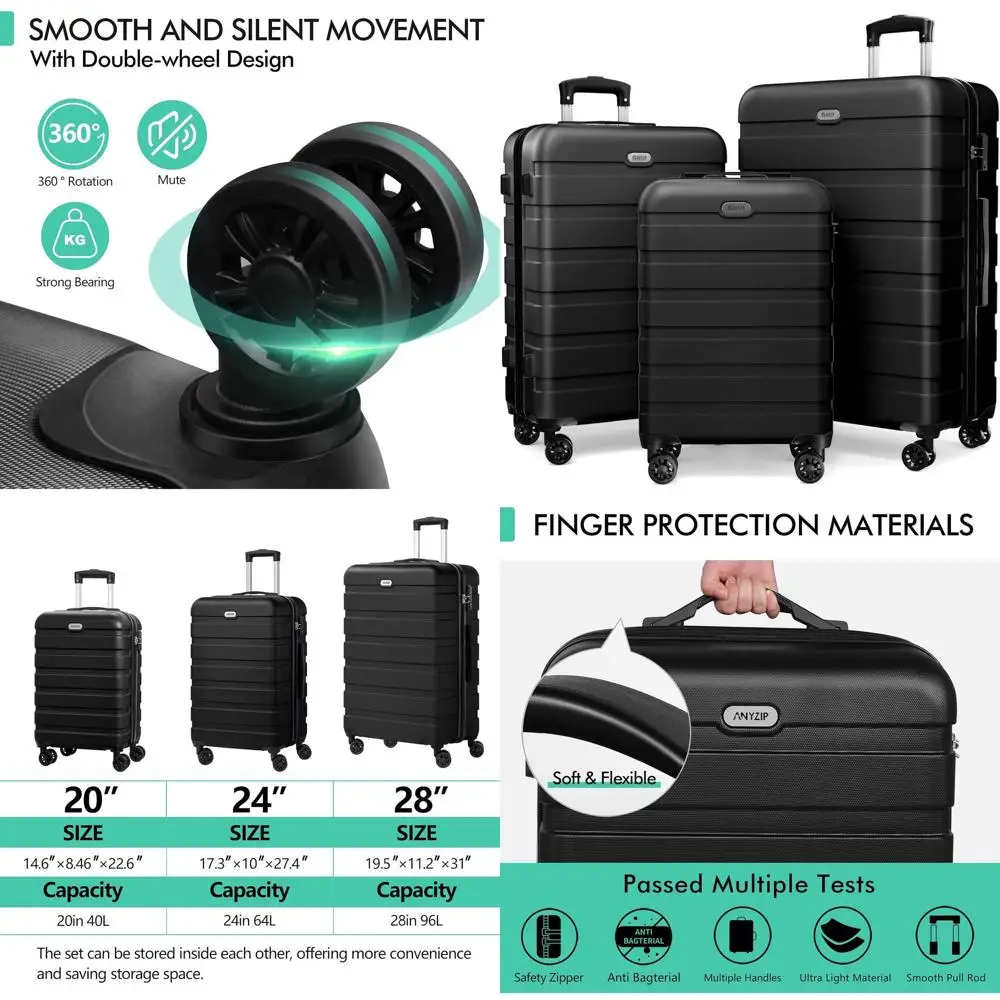مجموعة حقائب سفر صلبة مكونة من 3 قطع: أمتعة سفر ABS خفيفة الوزن مع 4 عجلات دوارة وقفل TSA، 20، 24، 28 أسود