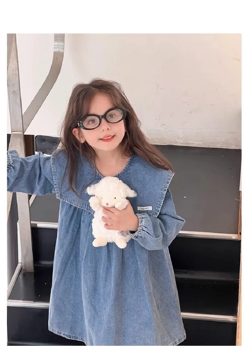 Spring Summer Baby Girls Cotton Long Sleeves Lotus Leaf Collar Washed Denim Blue Dresses Children Sweet Skirt Kids Outfits 2-9Y