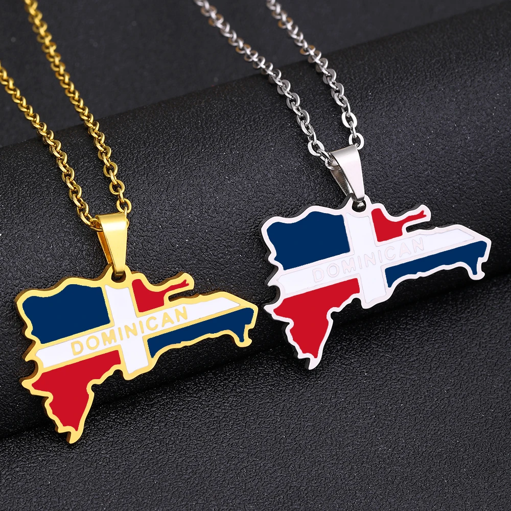 New Dominican Map Flag Pendant Necklace Stainless Steel Men Women Gold/Steel Color Dominicana Maps Jewelry Gift