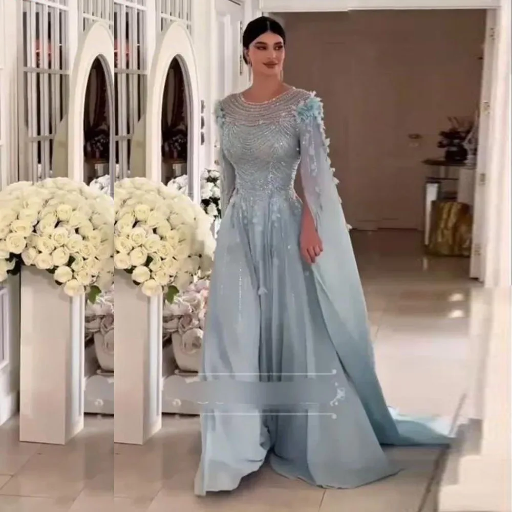 

Customized Luxury Evening Dresses with Cape Sleeve Beading Top A Line Chiffon Dress Rhinestones Arabic Dubai Formal Gown