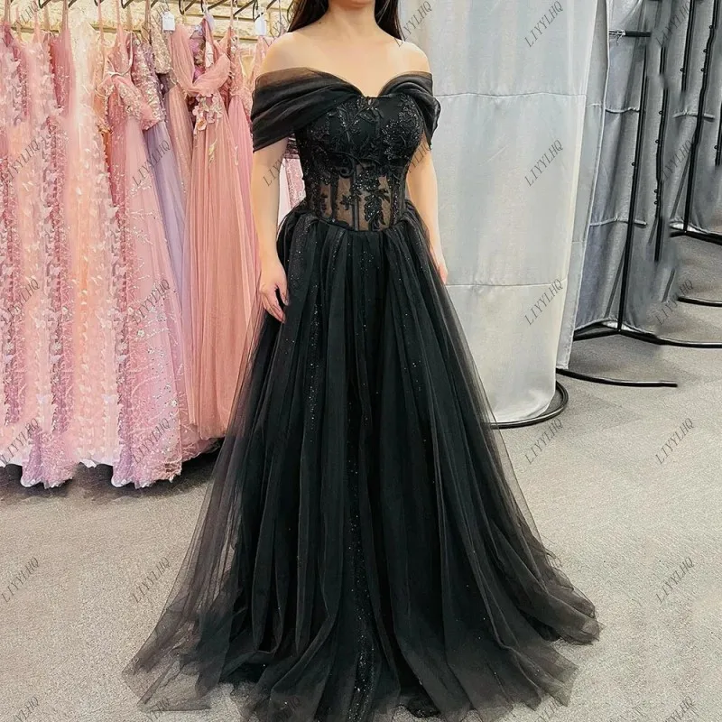 LIYYLHQ Black Prom Dresses Lace Appliques A-shaped Prom Dresses Tulle Princess Evening Graduation Party Dresses Formal Dress