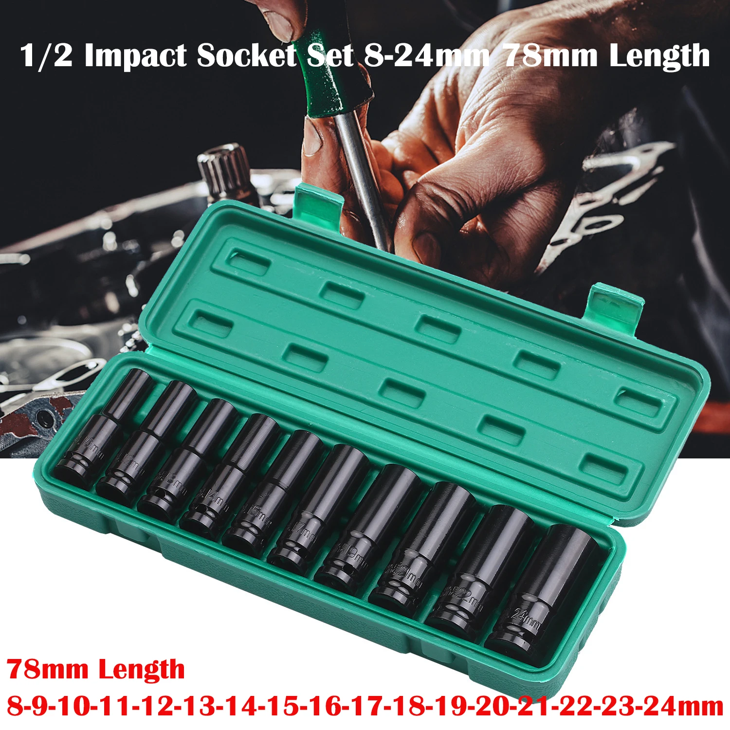 

10PCS 1/2 Impact Socket Set Drive Hex Key 8-24mm Spanner Deep Long Socket Key Pneumatic Wrench Head Mechanical Workshop Tools