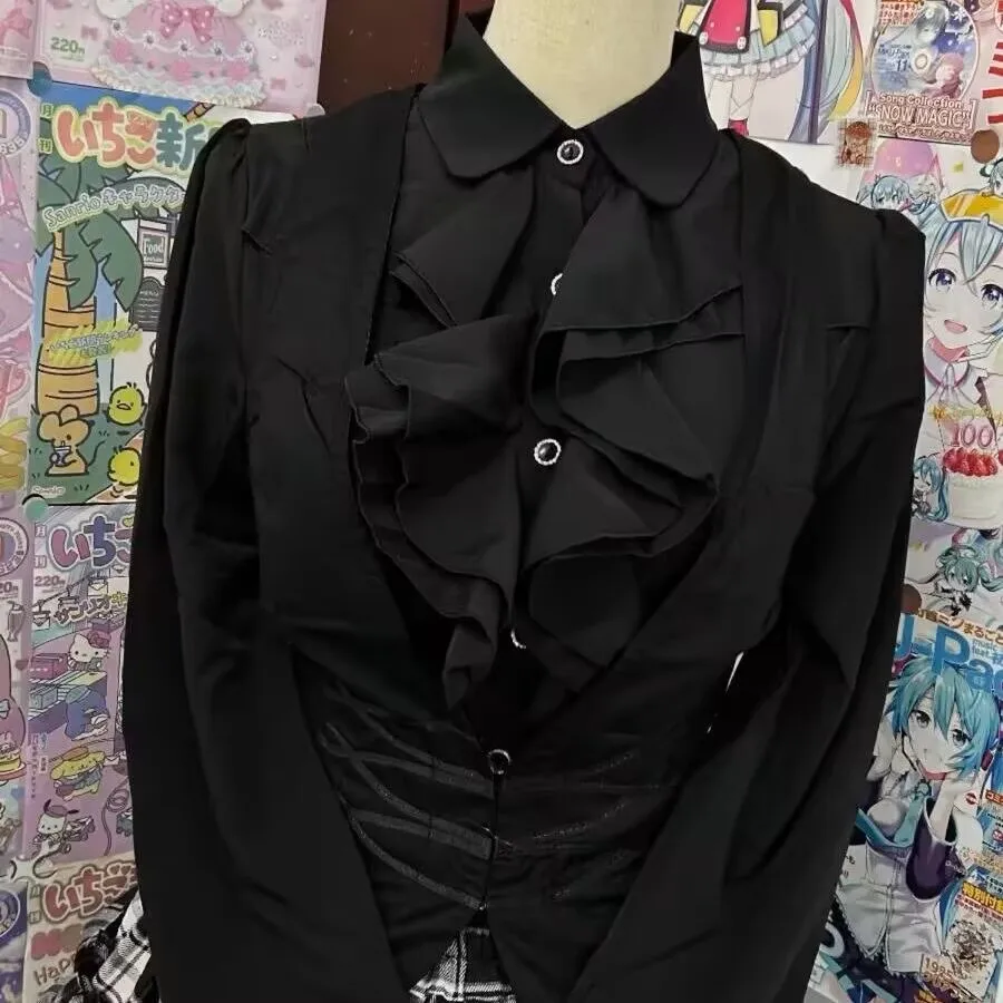 Estilo gótico japonês lolita camisa blusa feminina vintage mangas compridas camisas y2k das mulheres topos estética babados jk magro blusas