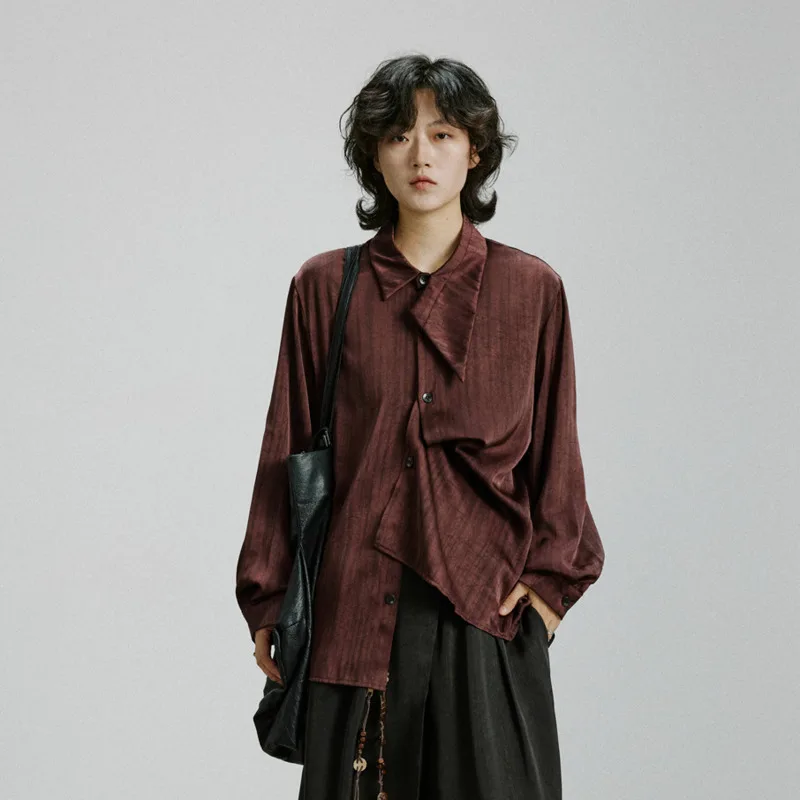 WVGA Spring Autumn New Men Niche Design Asymmetrical Collar Two-Way Wear Shirt Draped Satin Subtle Pattern Loose Fit Tops W27270