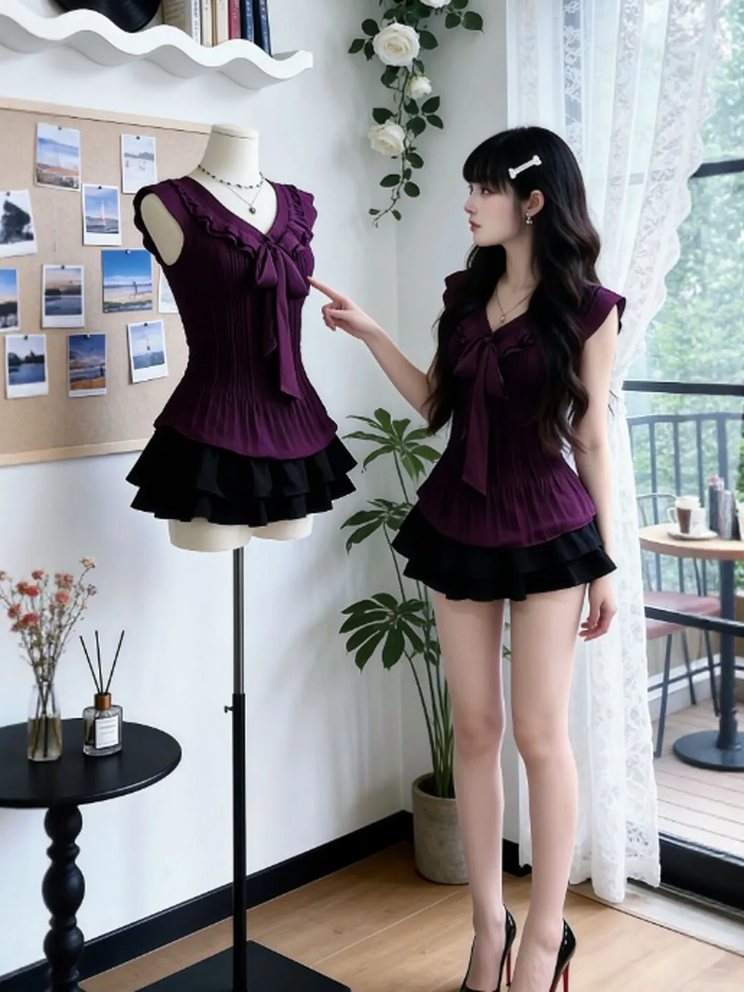 

Сексуальный и стильный комплект для девушек: уникальный красивый ретро-топ фиолетового цвета и короткая юбка А-силуэта, комплект из двух предметов, лето 2026, комфортный винтажный стиль