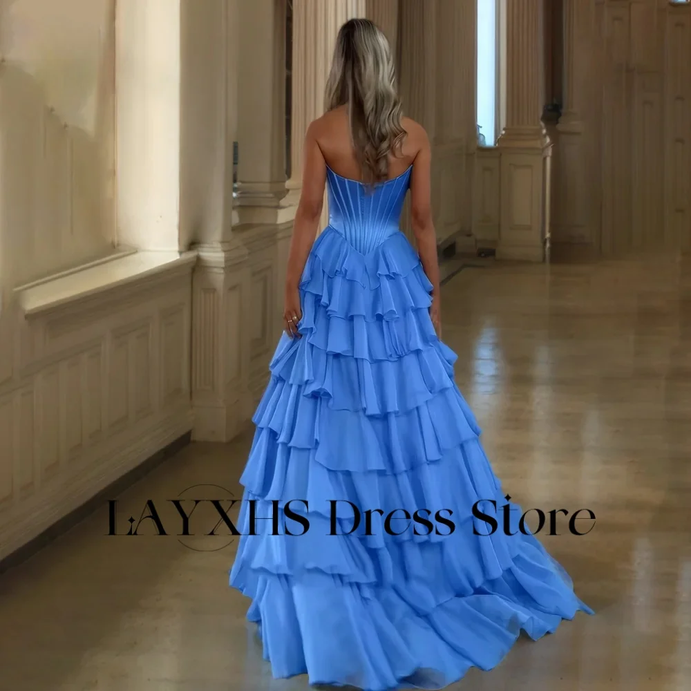 ชุดราตรีแฟชั่น LAYXHS สีฟ้า ทรงหวาน แบบเอไลน์ ระบายชั้นๆ ยาวกรอมพื้น ชุดออกงานพรอม สามารถสั่งตัดได้