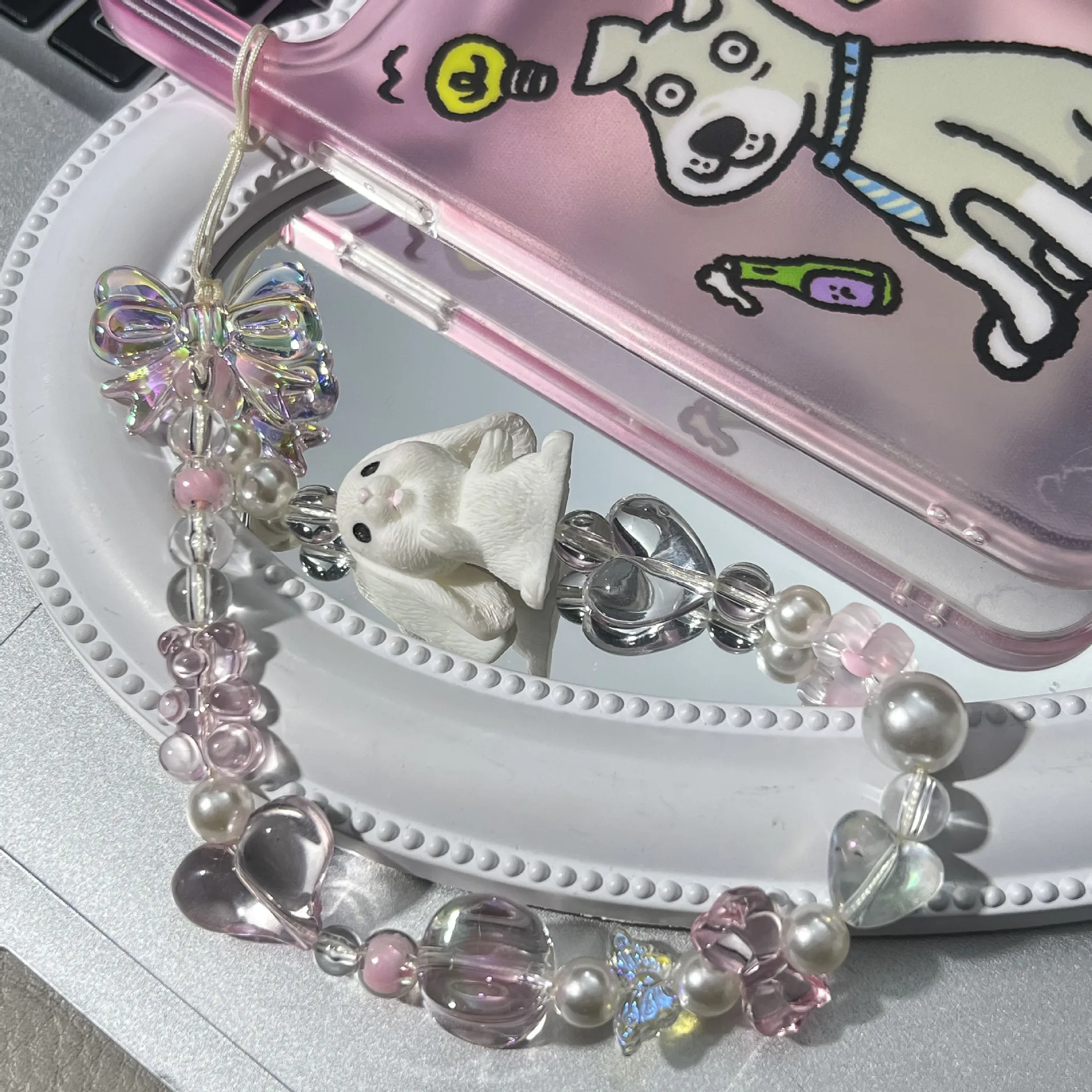 

Handmade Beaded Phone Chain Sweet Pink Bow Love Bear Cartoon Diy Phone Lanyard