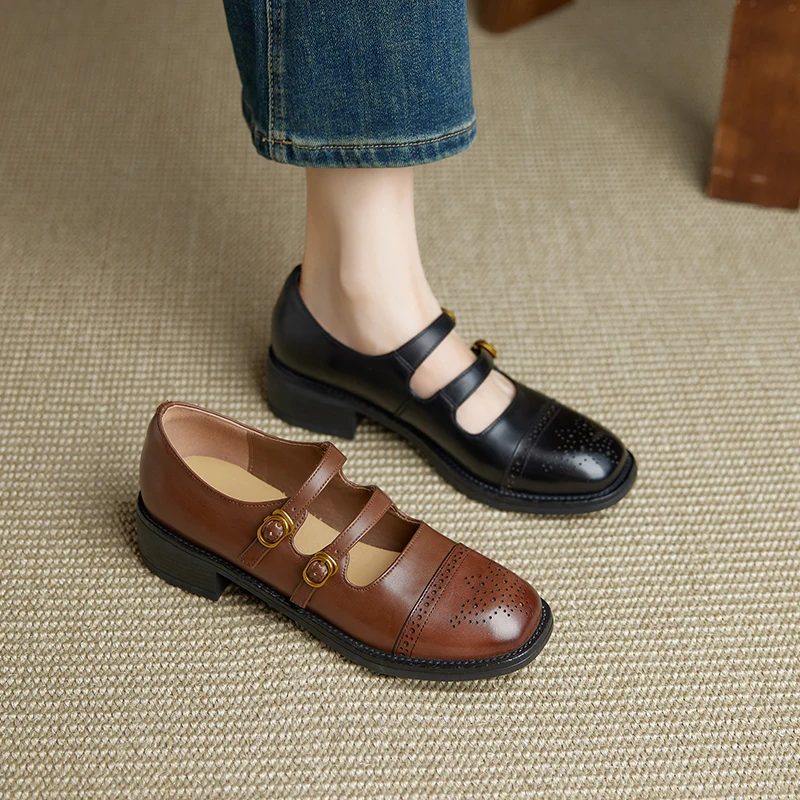 2026 new spring summer women pumps natural leather plus size 22-25cm washed cowhide+pigskin round toe buckle women shoes