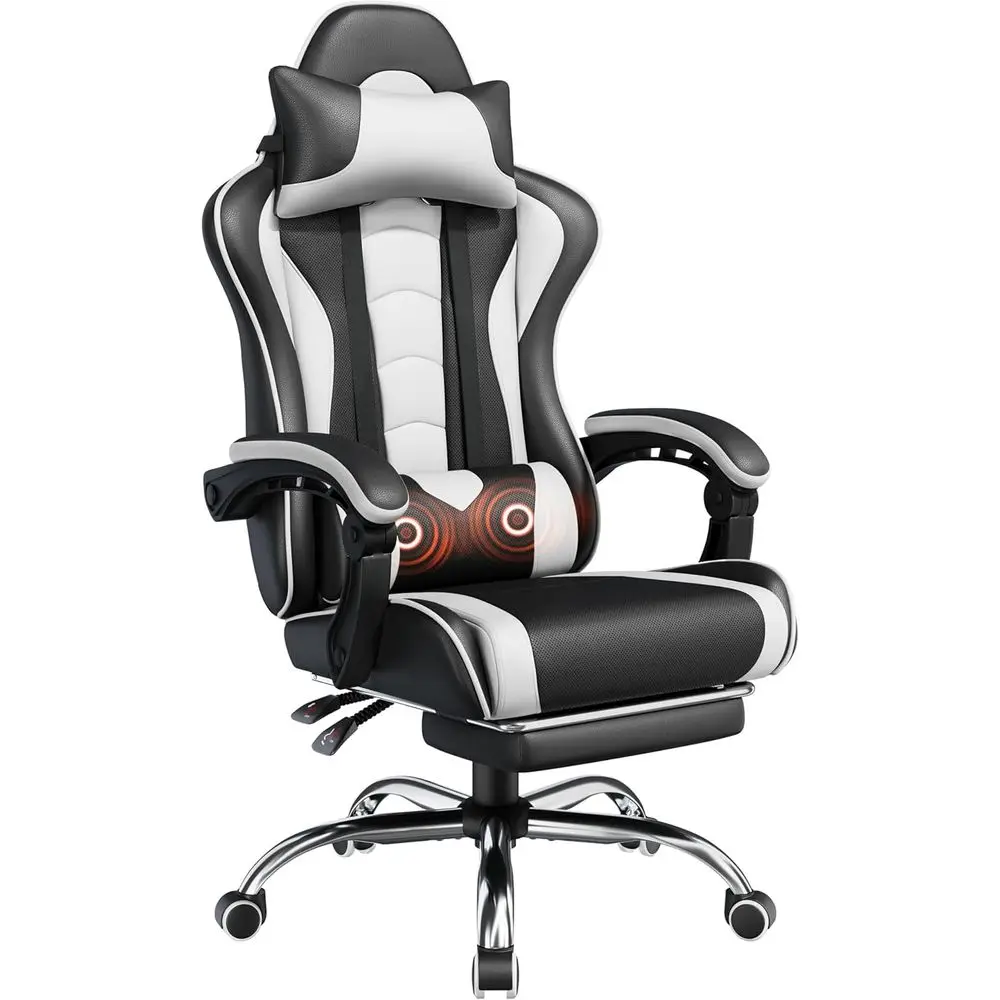 Silla de Juego Ergonómica Giratoria con Masaje, Soporte Lumbar, Altura Ajustable, Negro/Blanco