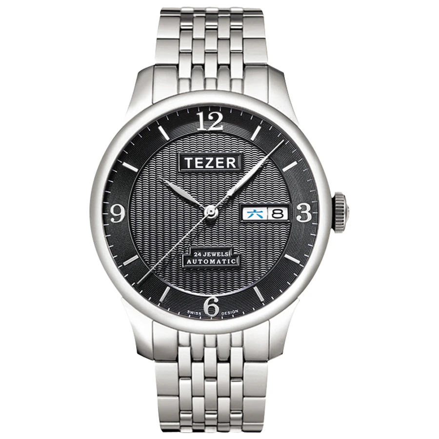 TEZER Men Automatic Watch | Day‑Date Window | Vertical Grooved Dial | Solid Steel Band | 50M Water Resistant