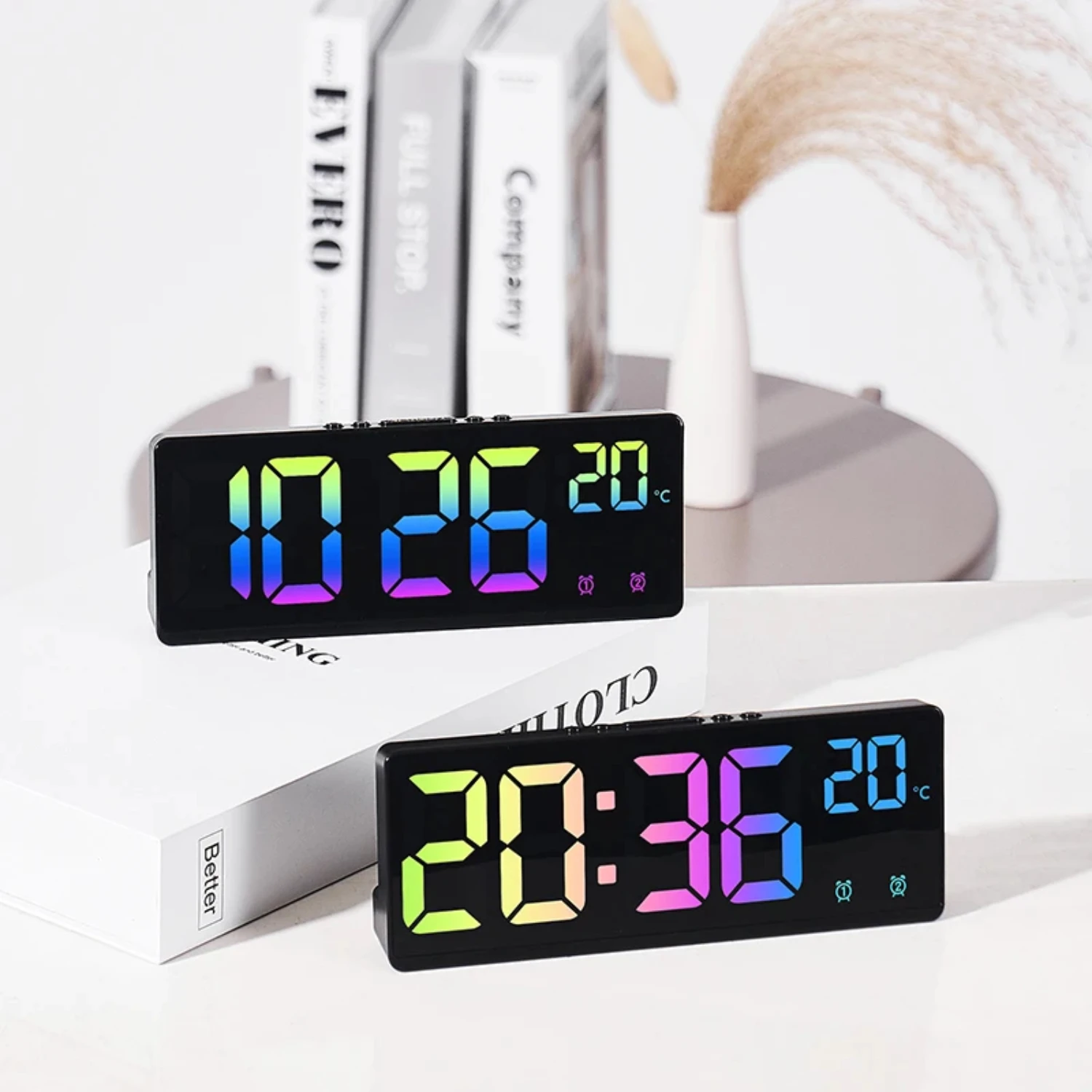 New Vibrant Colorful Digital Dual Alarm Clock with Voice Control, Temperature, Date, Snooze, 12/24H Display - Stylish Table Cloc