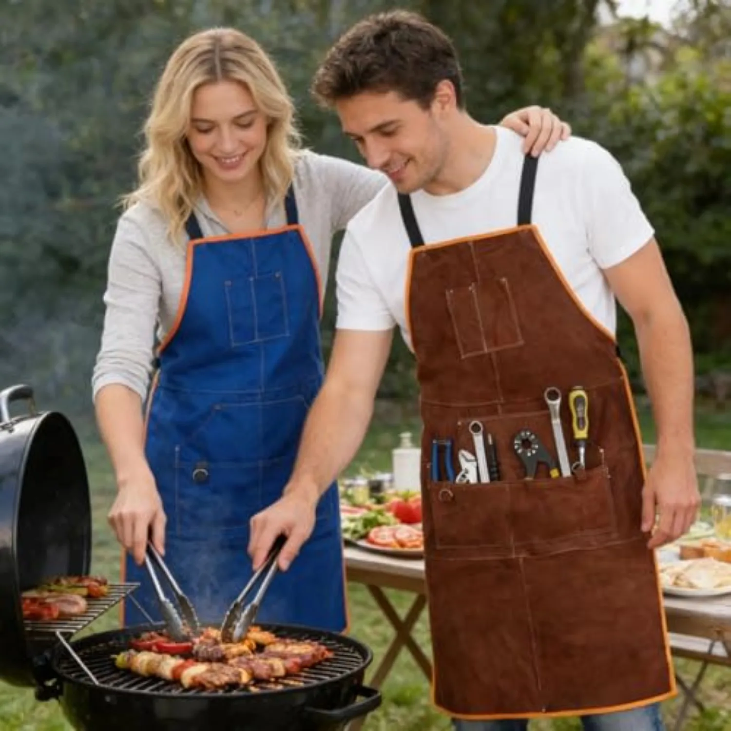 Unisex Protective Leather Smock for Grilling and Welding Includes Accessible Pouches Permanent Easy to Leather Smock