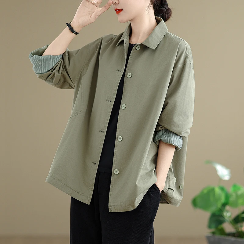 Early Autumn Casual Fashionable Loose Women's Windbreaker Coat Korean Style Simple Elegant Slimming Lapel Long Sleeve Cotton