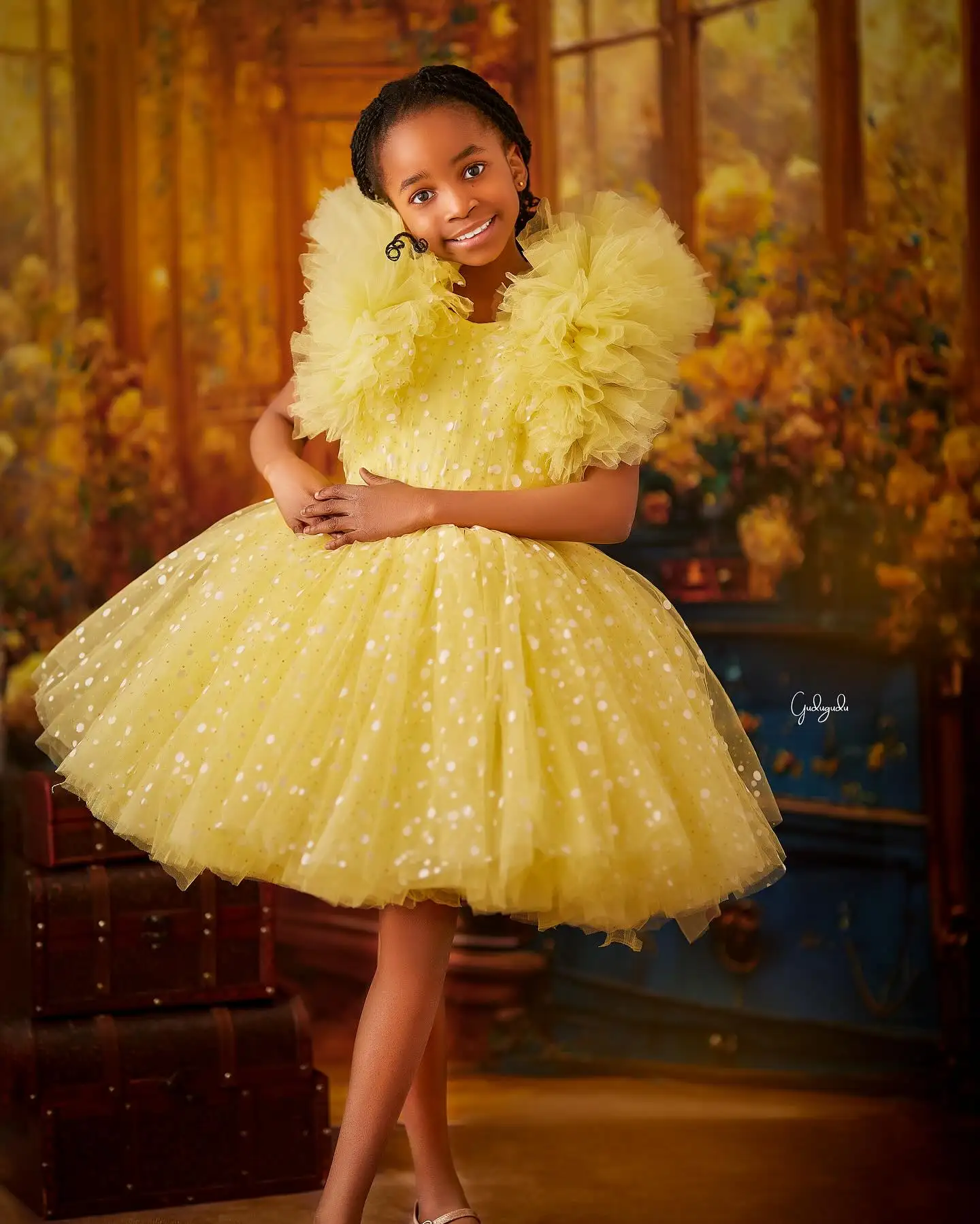 Vestido de tul de punto amarillo para niña, vestido de fiesta de boda, corto hasta la rodilla, vestidos de baile para niña, vestido de cumpleaños para niño