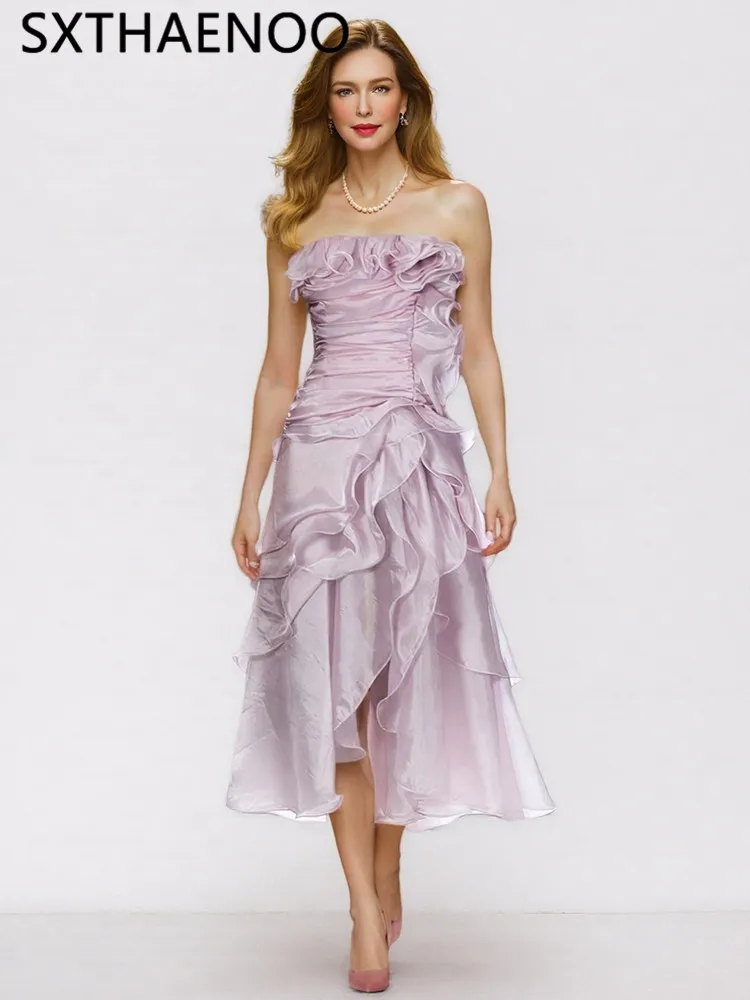 

SXTHAENOO Summer Sexy Strapless Flower Ruch Ruffle Maxi Dress Women Purple Sleeveless Floral Ruffles Split Slim Dresses Party