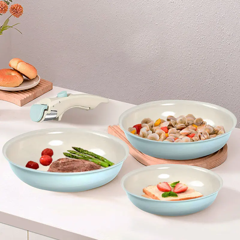 

3 Piece Non Stick Frying Pans Set 8" 9.5" and 11" Cookware Set Removable Handle Egg Steak Cooking Pot Skillet Oven Safe Cooker