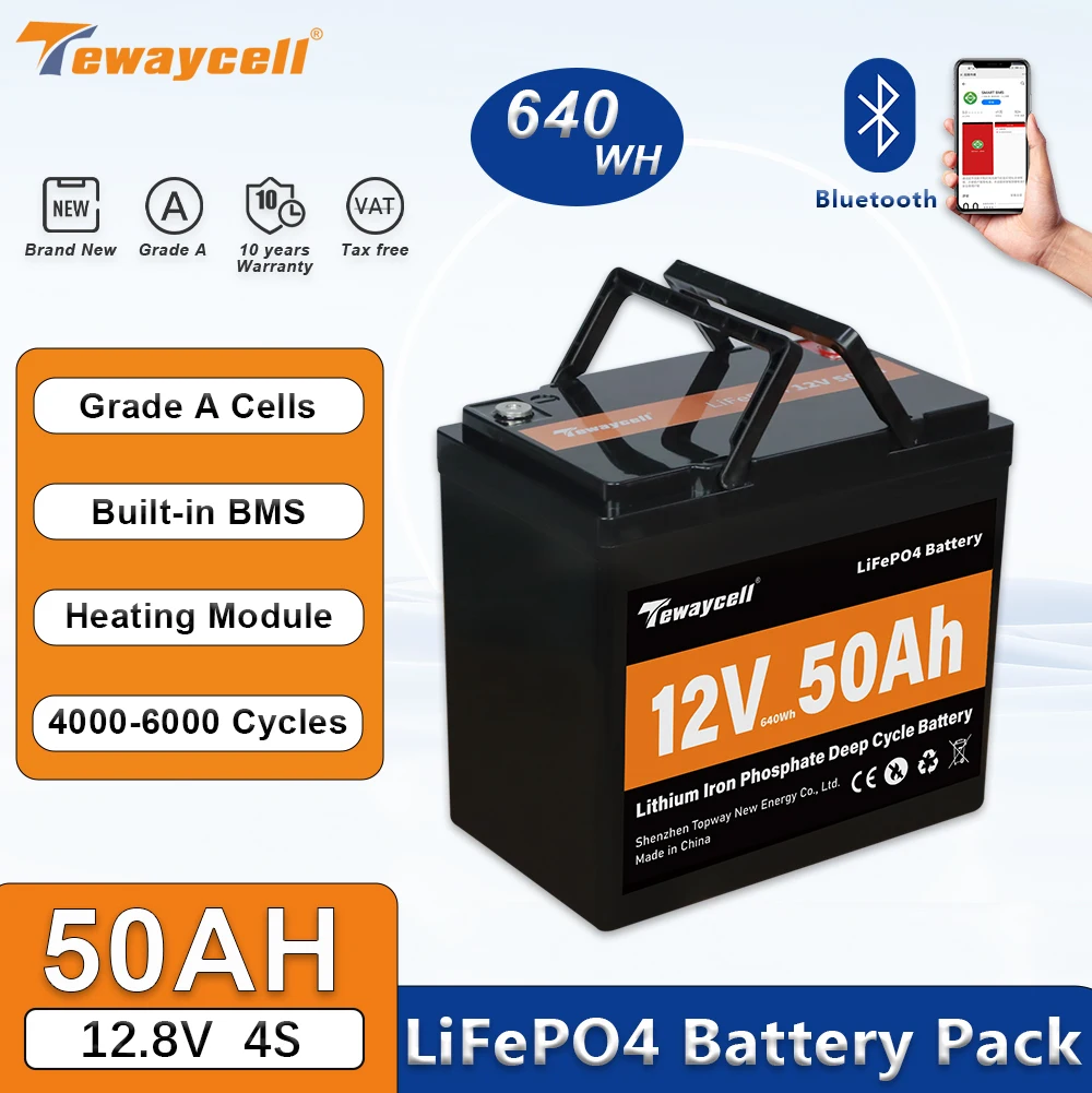 Tewaycell 12V 50AH LiFePo4 Battery Rechargeable Lithium Battery for Electric Portable Outdoor Power Solar Energy RV No Tax