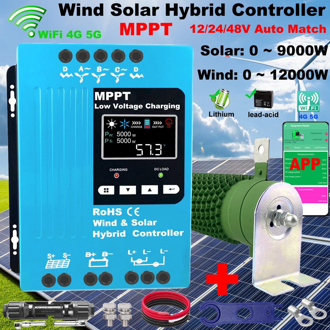 

3000W 4000W 5KW 12V 24V 48V MPPT Hybrid Solar Controller Wind Turbine,With Unloading Load LCD Display, For Lifepo4 Full Battery