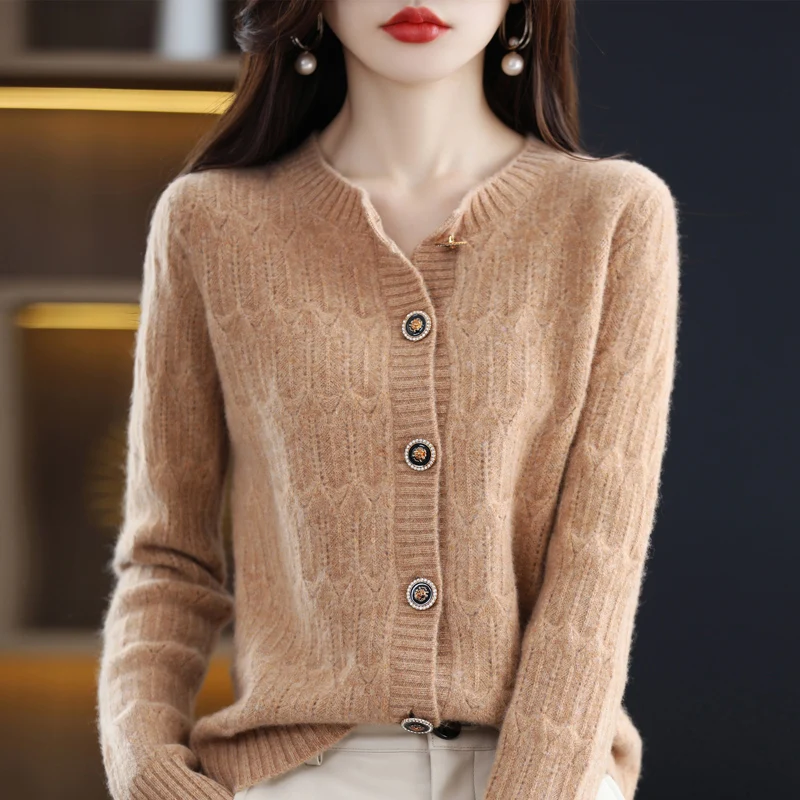 100% pure wool spring and autumn new round neck solid color knitting fashion loose cardigan coat woman