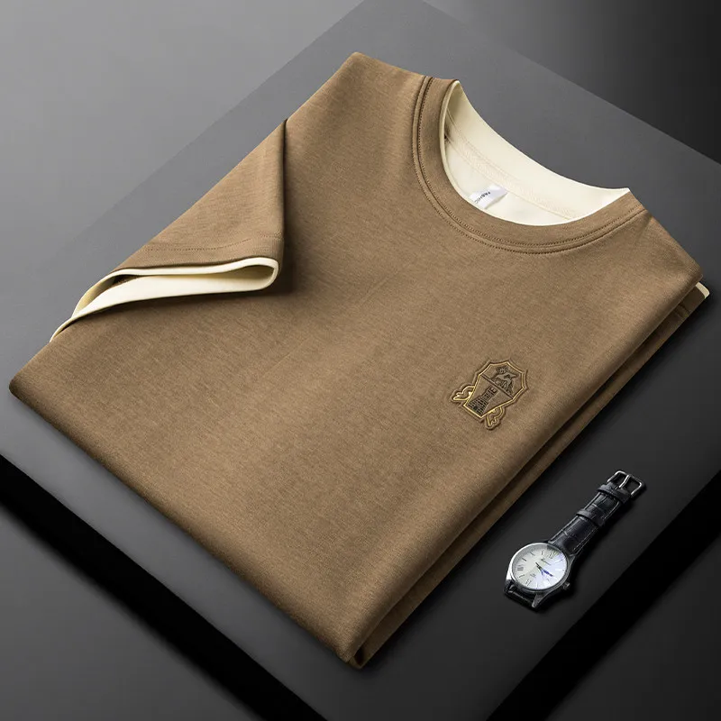 Minglu 100% Cotton Summer Men's Polo Shirts Luxury Short Sleeve Solid Color Round Collar Fake Two Piece Casual Male T-shirts